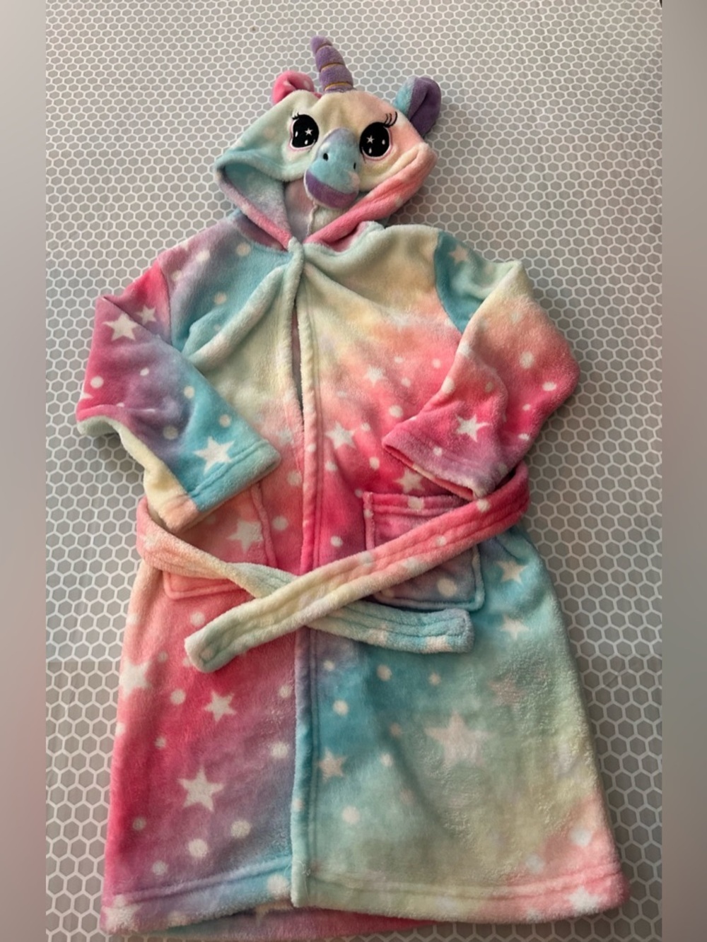 Kids Unicorn Hooded Bathrobe - Rainbow Star Plush. Youth Small